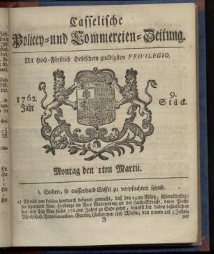 9. Stueck, Montag den 1ten Martii 1762