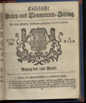 9. Stueck, Montag den 1ten Martii 1762