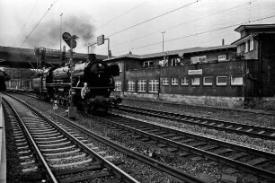 Hamburg-Harburg: Fahrt nach Cuxhaven: Dampflokomotive vor einem Bahnhofsgebäude