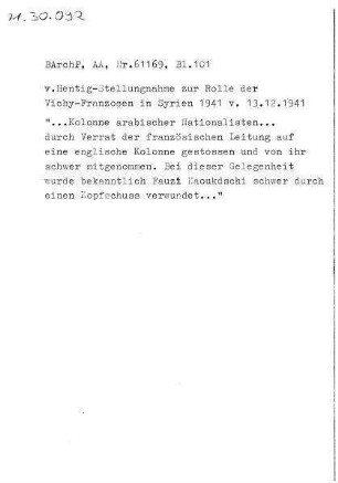 Stellungnahme zur Rolle der Vichy-Franzosen in Syrien 1941
