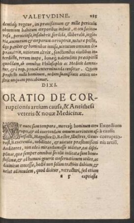Oratio De Corruptionis artium causa, & Antithesi veteris & novae Medicinae.