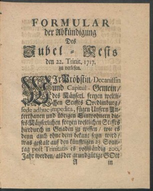 Formular der Abkündigung Des Jubel-Fests