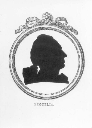 Bildnis Nicolaus von Beguelin : Unger, Johann Friedrich Gottlieb: Bildnis Nicolaus von Beguelin. Holzschnitt, Schattenriß; 24 x 18,7 cm (Blattgröße). Aus: Unger, Johann Friedrich Gottlieb: Schattenrisse sechs Berlinscher Gelehrten. In Holz geschnitten. Berlin 1779. Ausgewählt von Paul Hoffmann. Berlin, 1928. Dresden: SLUB S.B.1494