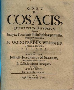 De Cosacis, Dissertatio Historica