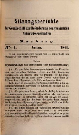 Sitzungsberichte der Gesellschaft zur Beförderung der Gesamten Naturwissenschaften zu Marburg, 1869