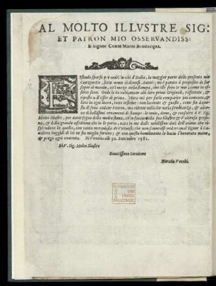 Dedikation an Conte Mario Bevilacqua, 1581