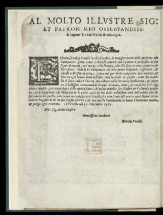Dedikation an Conte Mario Bevilacqua, 1581