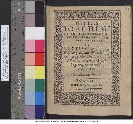 NVPTIIS IOACHIMI PETRI F. HOSSMANNI, REIPVB. SAGANENSIVM A LITERIS SPONSI, ET ... virginis HEDWIGIS, viri integerrimi Dn. ANDREAE VVOLFERMANNI Reipub. Saganens. Senatoris filiae, SPONSAE, Gratulantur Amici