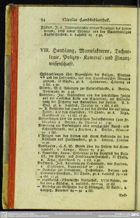 VIII. Handlung, Manufakturen, Technologie, Polizey- Kameral- und Finanzwissenschaft