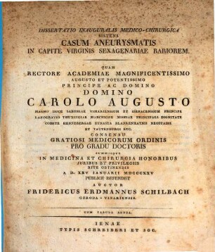 Dissertatio inauguralis medica chirurgica sistens casum aneurysmatis in capite virginis sexagenariae rariorem : cum tabula aenea