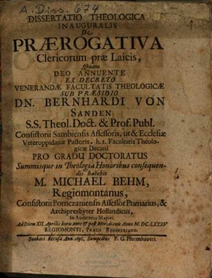 Dissertatio Theologica Inauguralis De Praerogativa Clericorum prae Laicis