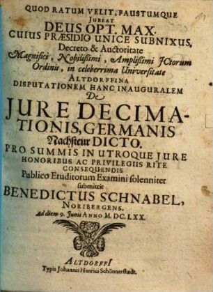 Disputationem hanc inauguralem De Jure decimationis, Germanis Nachsteur Dicto