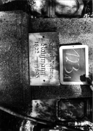 Grabstein 123 (Index: 100111253) Material: Granit, weiße Marmorplatte Zustand: gut, obere Schriftplatte unbeschriftet Maße HxBxT: 185x66x41 cm Beschreibung: Obelisk, Sockel, zwei Schriftplatten: Grabstein 123A