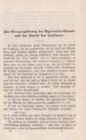 Zur Grenzregulirung der Agricultur-Chemie und der Statik des Landbaus.