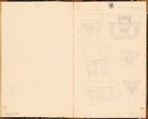 Reiseskizzenbuch 1828: Kaiserpfalz, Gelnhausen: Babarossakopf und andere Details aus Gelnhausen