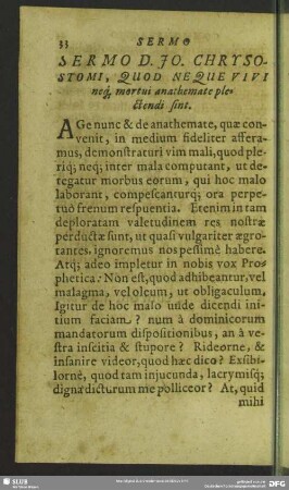 Sermo D. Jo. Chrsostomi, Quod nequevivi neq[ue] mortui anathemate plectendi sint