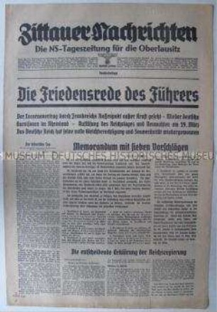 Sonderbeilage der "Zittauer Nachrichten" zur Reichstagsrede Hitlers über die Kündigung des Locarno-Vertrages