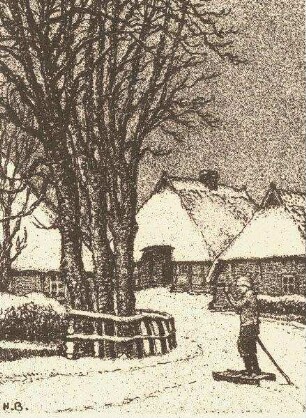 Verschneites Dorf mit Figur