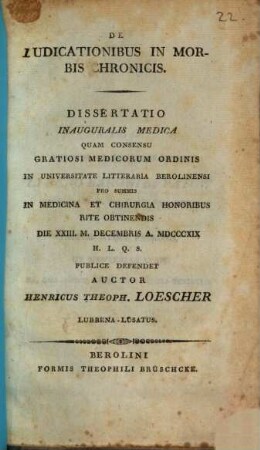 De iudicationibus in morbis chronicis : Diss. inaug. med.