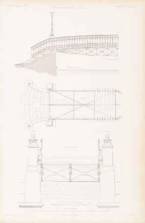 Eiserne Laufbrücke über den Stadtkanal, Potsdam: Ansicht, Grundriss, Querschnitt (aus: Atlas zur Zeitschrift für Bauwesen, hrsg. v. G. Erbkam, Jg. 2, 1852)