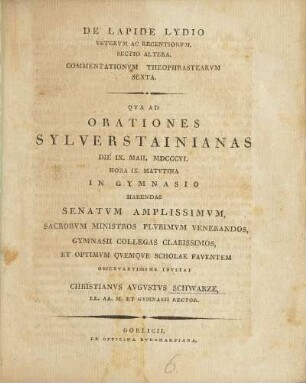1806: Qua ad orationes Sylverstainianas et orationes a viro ... in Gymnasio Gorlicensi auspicaturo ... habendas ... observantissime invitat