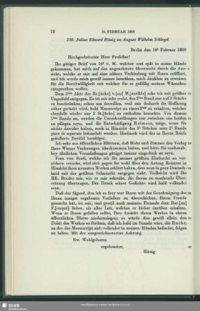 Julius Eduard Hitzig an August Wilhelm von Schlegel, Berlin, 16.02.1809