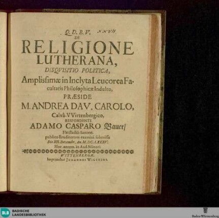 De religione Lutherana disquisitio politica
