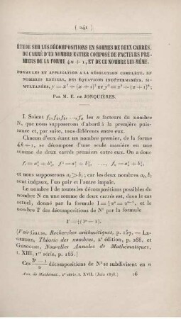 Étude sur les décompositions en sommes de deux carrés [...]