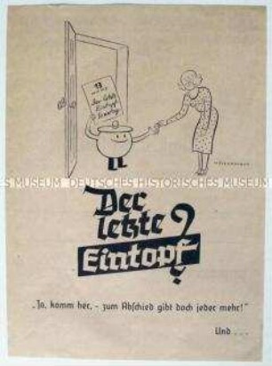 Illustriertes Flugblatt mit einer Karikatur zum "Eintopfsonntag" mit rückseitiger Aufforderung zum Eintritt in die NS-Volkswohlfahrt