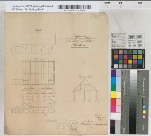 Zeichnung zu einem Ökonomiegebäude für Lehrer und Küster zu Hamborn. Lit. D. Ruhrort den 22. Nov. 1833. Spitz / Revidirt Umpfenbach 20.1.34 / Die nach meinem Entwurf gefertigte Reinzeichnung revidirt: Felderhoff, Kreisbauinsp.