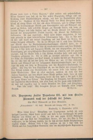 128. Begegnung Kaiser Napoleons III. mit dem Grafen Bismarck nach der Schlacht bei Sedan.