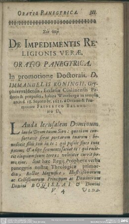 Syn theō, De Impedimentis Religionis Verae. Oratio Panegyrica
