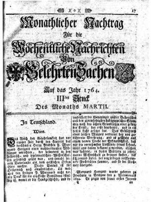 Monathlicher Nachtrag [...] Auf das Jahr 1764. IIItes Stuck Des Monaths Martii