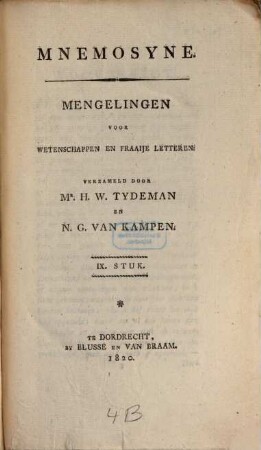 Mnemosyne : mengelingen voor geschied- en letterkunde, 9. 1820