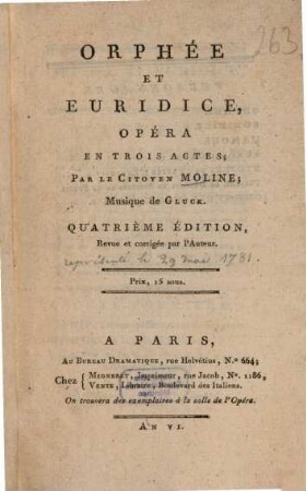 Orphée Et Euridice : Opéra En Trois Actes