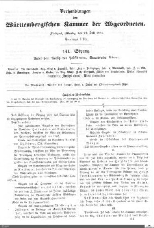 141. Sitzung, Stuttgart, 22.7.1861
