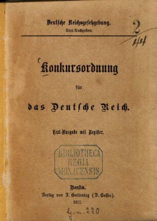 Konkursordnung für das Deutsche Reich : Textausgabe mit Register