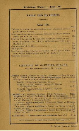 Table des matières. Aout 1887.
