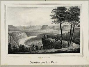 Blick von der Bastei bei Rathen nach Südosten über das Elbtal auf die Tafelberge der Sächsischen Schweiz, aus der Zeitschrift Saxonia um 1840?