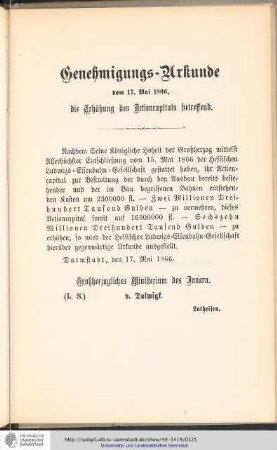 Genehmigungs-Urkunde die Erhöhung des Aktienkapitals betreffend