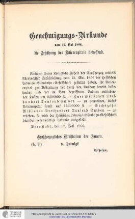 Genehmigungs-Urkunde die Erhöhung des Aktienkapitals betreffend