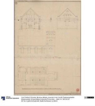 Mockrau (Mokre), ehemals Kreis Konitz, Regierungsbezirk Marienwerder (Województwo Kujawsko-Pomorskie). Entwurf zur evangelischen Kirche. Grundriss, Seiten- und Hinteransicht und Durchschnitt