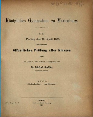 Zu der ... stattfindenden öffentlichen Prüfung aller Klassen ladet im Namen des Lehrer-Kollegiums ein. 1877/78