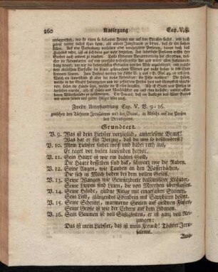 Zweite Unterhandlung Cap. V. V. 9 - 16. zwischen den Töchtern Jerusalems und der Braut, in Absicht auf die Person des Bräutigams.