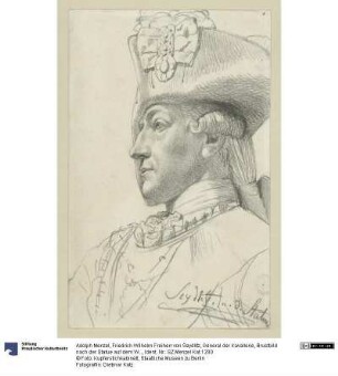 Friedrich Wilhelm Freiherr von Seydlitz, General der Kavallerie, Brustbild nach der Statue auf dem Wilhelmplatz in Berlin, mit Notiz