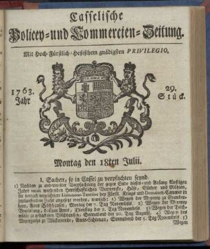 29. Stueck, Montag den 18ten Julii 1763