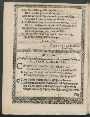 VI. Moestus Viduus dolet dilectam morte beata pereuntem Coniugem Mariam Cordulam.