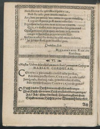 VI. Moestus Viduus dolet dilectam morte beata pereuntem Coniugem Mariam Cordulam.