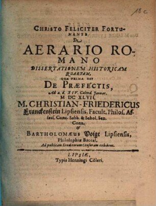De aerario Romano dissertationem historicam quartam, quae prima est de praefectis