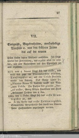 VII. Ereignisse, Begebenheiten, merkwürdige Vorfälle [et]c. von frühern Zeiten bis auf die neuern